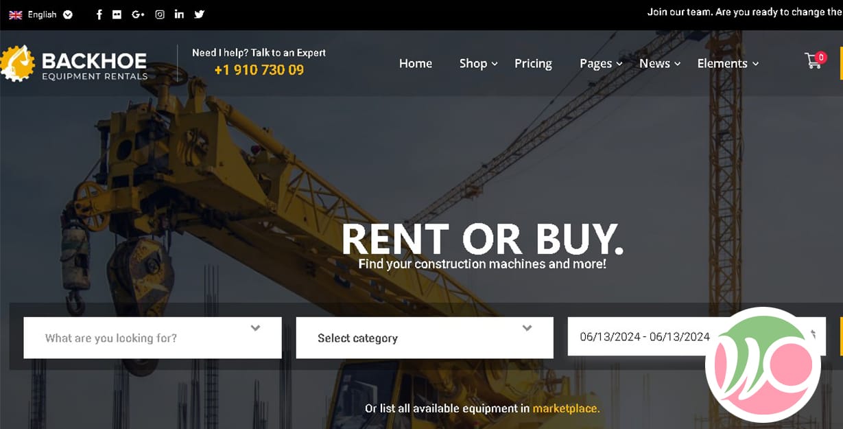 Backhoe Construction Equipment Rentals WordPress Theme