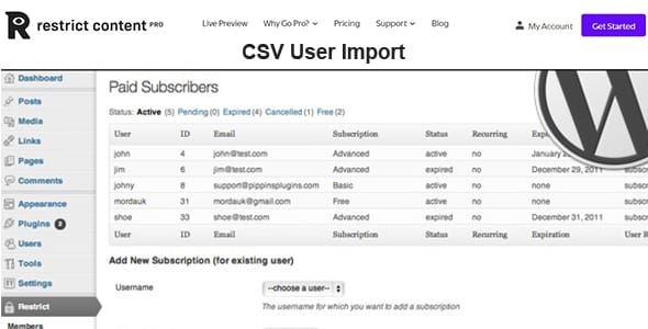 Restrict Content Pro CSV User Import for WordPress