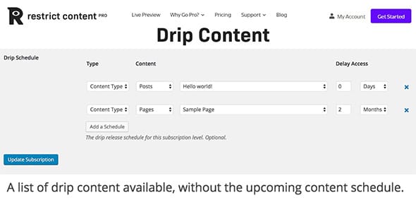 Restrict Content Pro Drip Content for WordPress